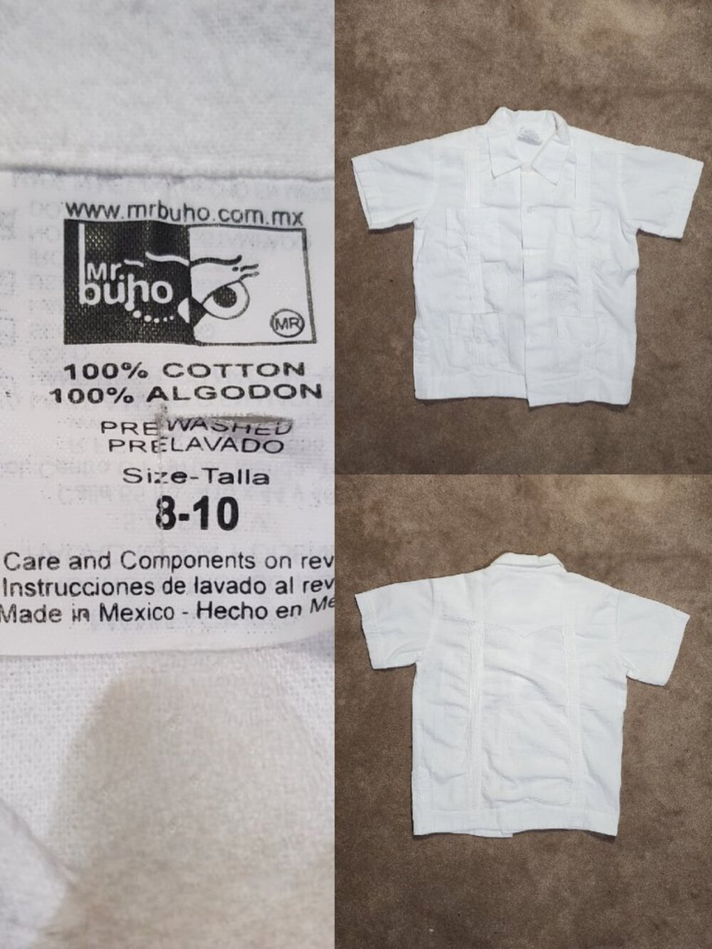 Mexican White Guayabera Short Sleeve Shirt for Kids Sz 8/10